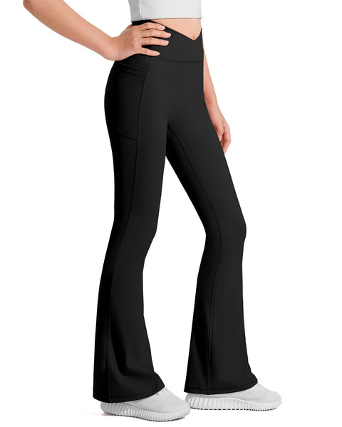 JOCMIC Girls Flare Leggings Kids Bell Bottom High Waisted Dance Yoga Flared Pants Black 11-12 Years