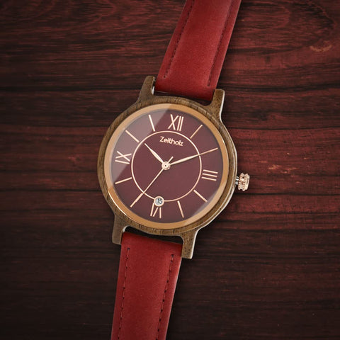 Zeitholz Wooden Watch Women, Wooden Watch, Gifts, Analog Watch, Date, New Rosenbach Collection 36mm, Natural Wood, Japanese Quartz Movement, Leather Strap. (Rubi) Zeitholz