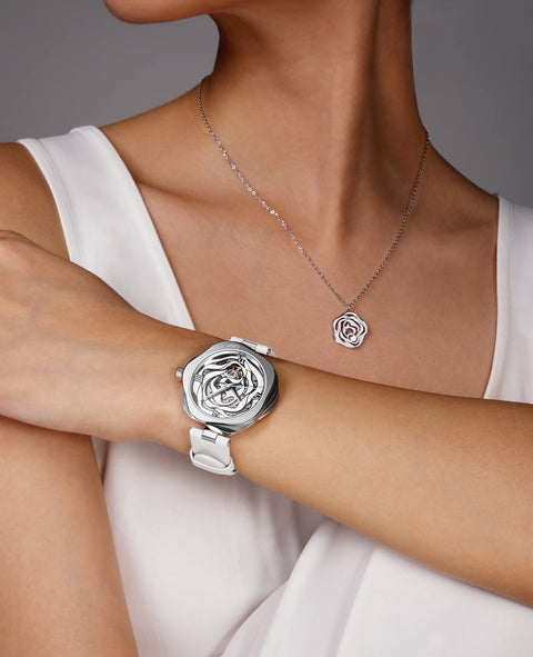 CIGA Design Watches for Women Denmark Rose Series Fashion Automatic Mechanical Skeleton Wrist Watch with Bonus Necklace Gifts (Leather Strap, Mechanical Movement) CIGA Design