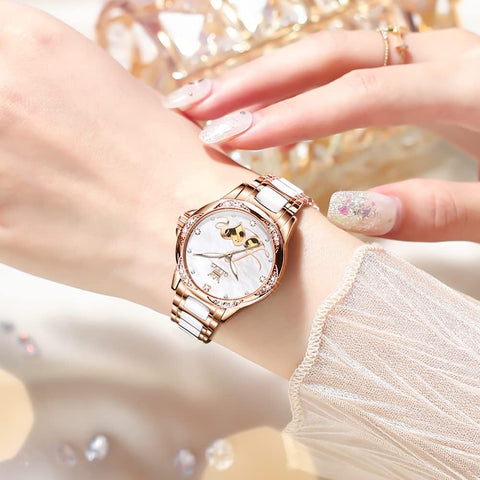 OLEVS Automatic Watches for Women Rose Gold Fashion Diamond Dress Ladies Wrist Watch Self Winding Mechanical Two Tone Ceramic Band Waterproof Luminous Gift Set OLEVS