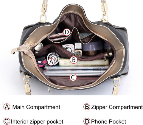 FOXLOVER Top Handle Shoulder Bags for Women Cow Leather Purses Women's Tote Handbags Satchel with Zipper Metal charm（B-Black Without Logo） FOXLOVER