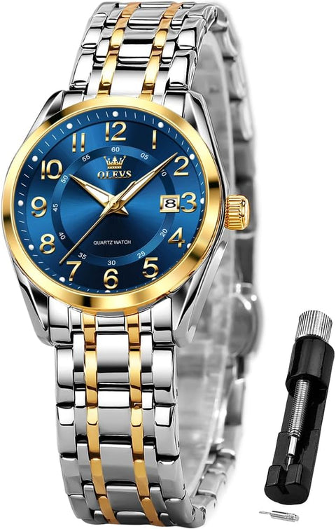OLEVS Womens Watches Classic Business Two Tone Analog Quartz Female Wristwatch Ladies Luminous Calendar Easy Read Blue Reloj de Mujer