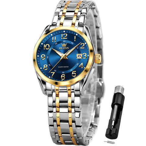 OLEVS Womens Watches Classic Business Two Tone Analog Quartz Female Wristwatch Ladies Luminous Calendar Easy Read Blue Reloj de Mujer
