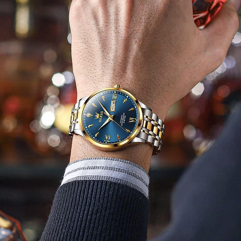 OLEVS Watches for Men Automatic Self Winding Two Tone Mechanical Stainless Steel Luxury Business Calendar Waterproof Luminous Wrist Watch Gold Blue OLEVS