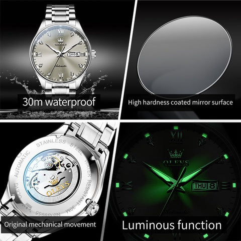 OLEVS Self Winding Watch for Men Automatic Mechanical Watches Luxury Stainless Steel Luminous Waterproof Calendar Mens Watch Silver Band Grey Dial OLEVS
