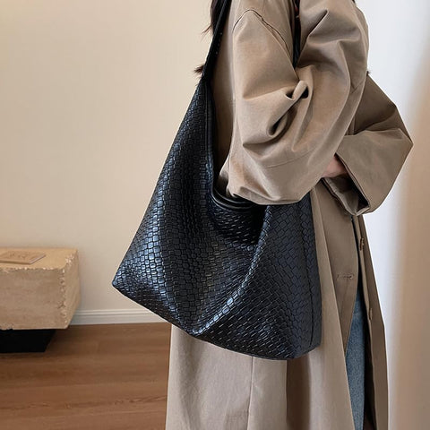 2024 Woven Leather Tote Bag for Women Top-handle Shoulder Bag, Hobo Bags Large Capacity Soft Vegan Crossbody Handbag Underarm (black)