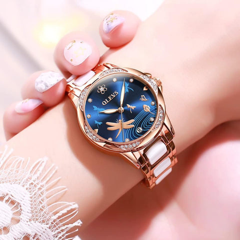 OLEVS Automatic Watches for Women Self Winding Mechanical Watch Rose Gold Diamond Stainless Steel Luminous Waterproof Dress Watch Blue Dial OLEVS