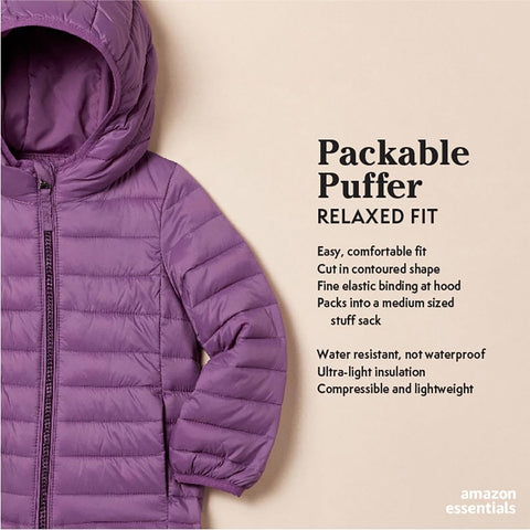 Amazon Essentials Girls' Lightweight Water-Resistant Packable Hooded Puffer Jacket, Pink Ombre, Small
