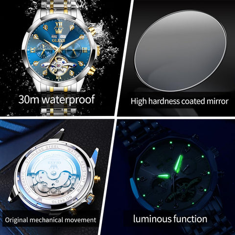 OLEVS Skeleton Men Watches Automatic Business Luxury Diamond Self Winding Watch for Men Stainless Steel Calendar Blue Wrist Watch
