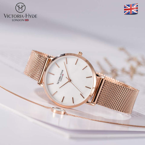 VICTORIA HYDE Fashion Rose Gold Watches for Women Easy Read Mother of Pearl Dial Analog Quartz Stainless Steel Mesh Band Ladies Wristwatch VICTORIA HYDE