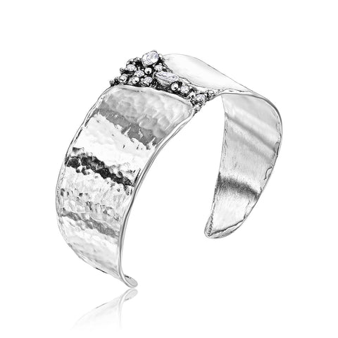 925 Sterling Silver Cuff Bracelet With 2.60 TCW White Facet Cubic Zirconia, Statement Jewelry, Hypoallergenic, Nickel and Lead-free, Artisan Handcrafted Designer collection, Made In Israel JEAN RACHEL JEWELRY