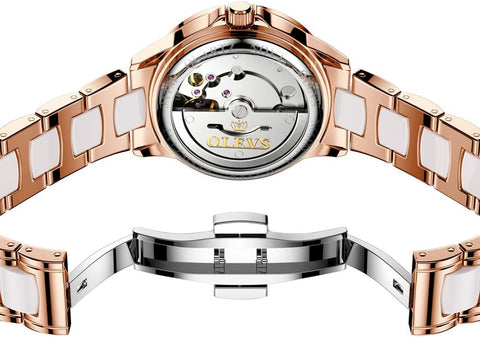 OLEVS Automatic Watches for Women Self Winding Mechanical Watch Rose Gold Diamond Stainless Steel Luminous Waterproof Dress Watch Blue Dial OLEVS