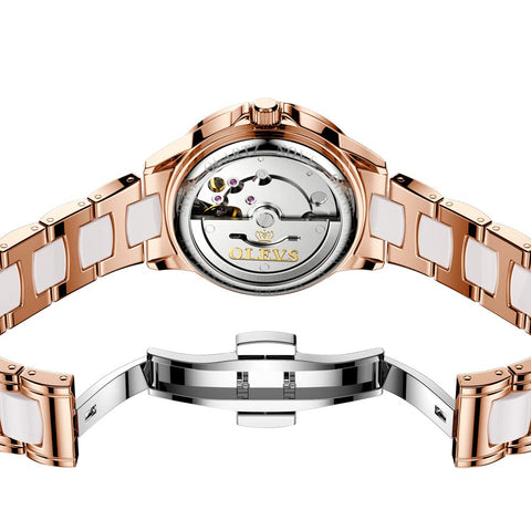 OLEVS Automatic Watches for Women Self Winding Mechanical Watch Rose Gold Diamond Stainless Steel Luminous Waterproof Dress Watch Blue Dial OLEVS