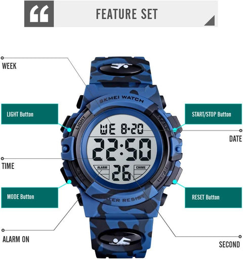 Kids Digital Watch Boys Outdoor Sports 50M Waterproof Girls Watches Alarm Clock 12/24 H Stopwatch Calendar for Ages 3-15 Boy Girl Wristwatch Kids Gift,Camo Dark Blue X