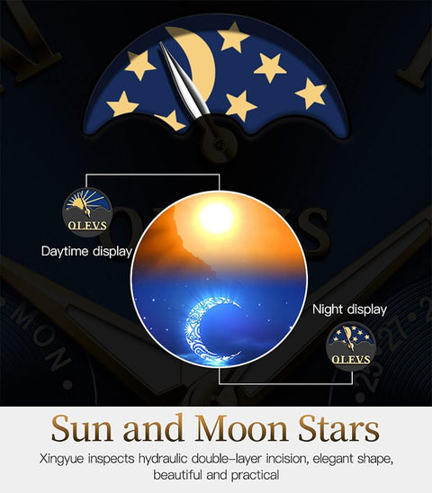 OLEVS Men's Automatic Mechanical Watches Luxury Dress Waterproof Self Winding Moon Phase Chronograph Stainless Steel Luminous Date Tourbillon Wristwatch for Men (Blue Dial and Gold Silver Strap) OLEVS