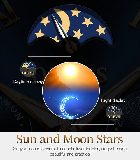 OLEVS Men's Automatic Mechanical Watches Luxury Dress Waterproof Self Winding Moon Phase Chronograph Stainless Steel Luminous Date Tourbillon Wristwatch for Men (Blue Dial and Gold Silver Strap) OLEVS