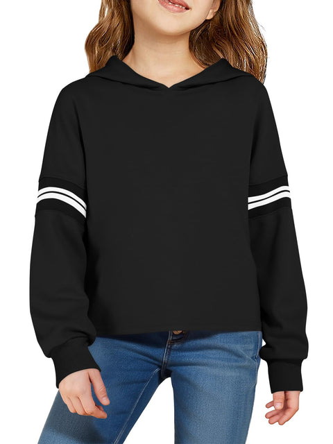 Haloumoning Girls Fashion Hoodies Kids Cute Striped Long Sleeve Crop Tops Hooded Sweatshirts 5-14 Years Black