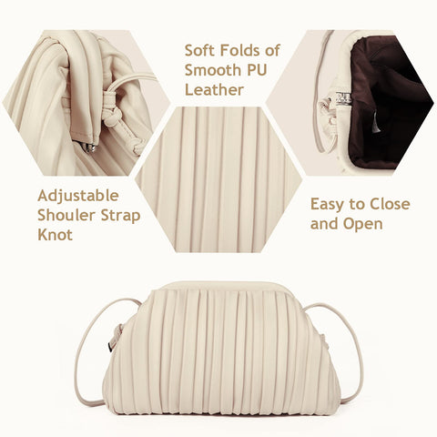 GLITZALL Clutch Purse and Dumpling Bag for Women Designer Cloud Handbag and Ruched Bag with Detachable Shoulder Strap,Soft PU Leather (Beige) GLITZALL
