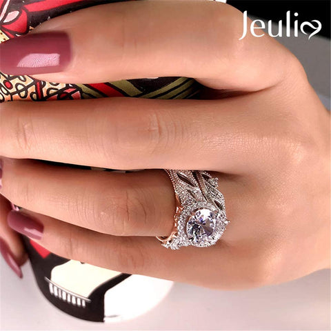 Jeulia 4 Carat Leaf Rings for Women 925 Sterling Silver 18 K Rose Gold Plated Round Cut Engagement Ring Set White Diamond Halo Cubic Zirconia Wedding band CZ Solitaire Anniversary Promise Rings (7) Jeulia