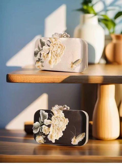 AININTON Women Embroidered Bag Silk Shoulder Bag Black Handbag Rectangle Crossbody Bag with Pearl Chain for Wedding Party Banquet AININTON