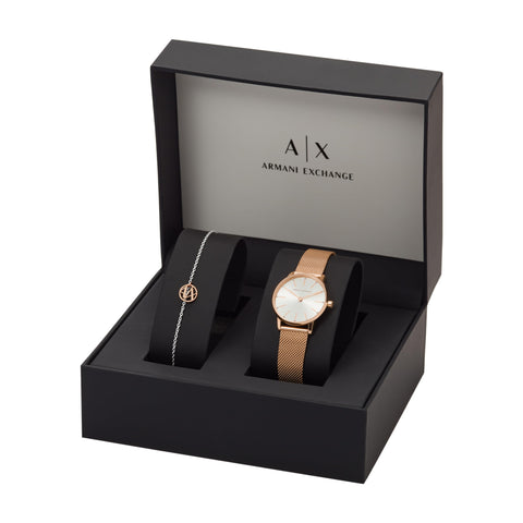 A｜X ARMANI EXCHANGE Women's Rose Gold-Tone Stainless Steel Mesh Watch and Bracelet Gift Set (Model: AX7121) Armani Exchange