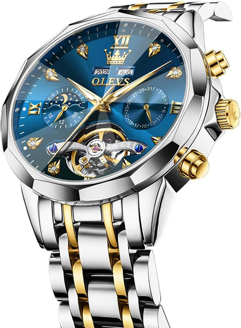 OLEVS Skeleton Men Watches Automatic Business Luxury Diamond Self Winding Watch for Men Stainless Steel Calendar Blue Wrist Watch