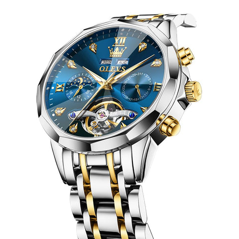 OLEVS Skeleton Men Watches Automatic Business Luxury Diamond Self Winding Watch for Men Stainless Steel Calendar Blue Wrist Watch