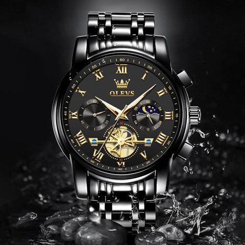 OLEVS Black Watches for Men Casual Fashion Big Face Man Watch Luxury Analog Quartz Men's Wrist Watch Elegant Waterpoof Stainless Steel Multifunction Chronograph Moon Phase Mens Watches