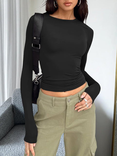 Trendy Queen Womens Long Sleeve T Shirts Fall Fashion 2025 Basic Crop Tops Going Out Workout Outfits Y2k Clothes Black S