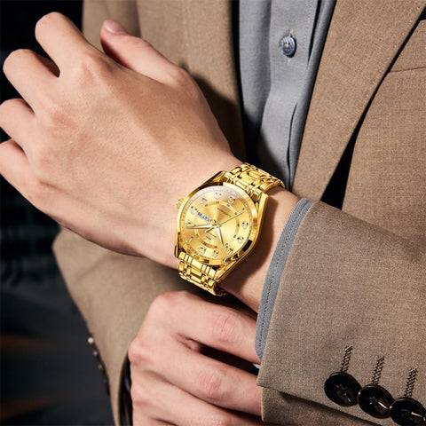 OLEVS Gold Watch for Man Luxury Dress Large Numer Analog Quartz Watch Waterproof Luminous Calendar Easy to Read Watches for Father