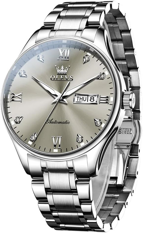 OLEVS Self Winding Watch for Men Automatic Mechanical Watches Luxury Stainless Steel Luminous Waterproof Calendar Mens Watch Silver Band Grey Dial OLEVS
