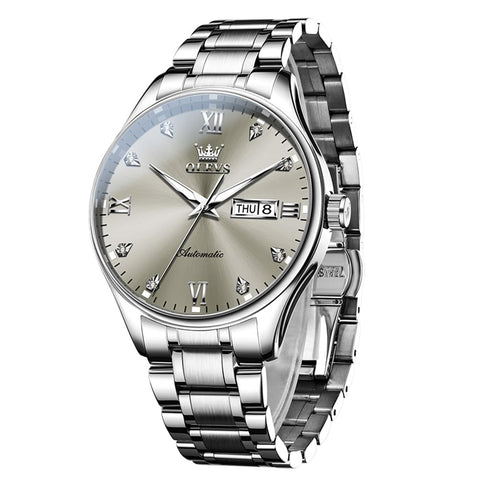 OLEVS Self Winding Watch for Men Automatic Mechanical Watches Luxury Stainless Steel Luminous Waterproof Calendar Mens Watch Silver Band Grey Dial OLEVS