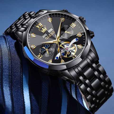 OLEVS Black Self Winding Watches for Men Mechanical Business Dress Skeleton Waterproof Luminous Date Automatic Luxury Casual Man Watch