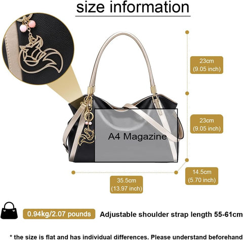 FOXLOVER Top Handle Shoulder Bags for Women Cow Leather Purses Women's Tote Handbags Satchel with Zipper Metal charm（B-Black Without Logo） FOXLOVER
