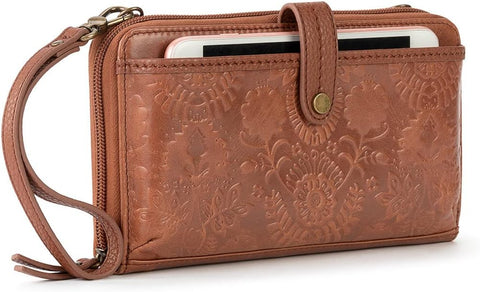 The Sak Iris Smartphone Crossbody Purse - Women's Cellphone Bag & Wallet For Everyday - Convertible Wristlet With Zipper in Tobacco Floral Embossed/Leather The Sak