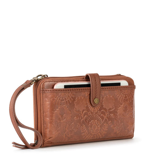 The Sak Iris Smartphone Crossbody Purse - Women's Cellphone Bag & Wallet For Everyday - Convertible Wristlet With Zipper in Tobacco Floral Embossed/Leather The Sak