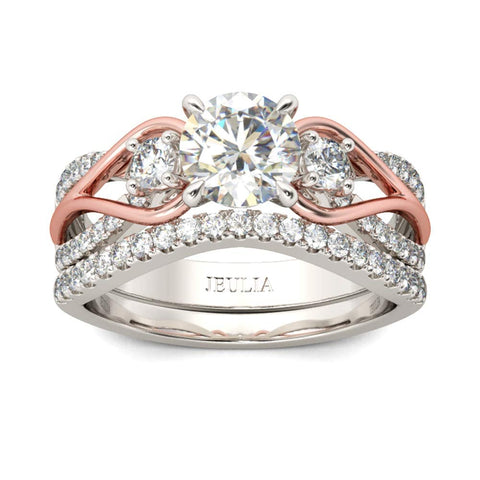 Jeulia Two Tone Rings for Women Rose Gold Three Stone Round Cut Engagement Rings Sterling Silver Halo Bridal Ring Set Anniversary Promise Wedding Ring with Jewelry Gift Box (8) Jeulia