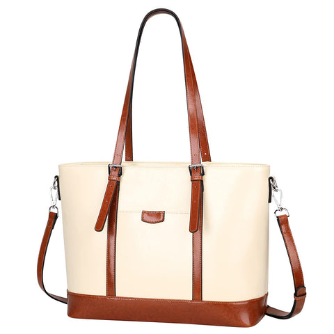 Over Earth Leather Tote Bag for Women Large Leather Handbags Shoulder Work Purses(O187E Beige/Brown) Over Earth