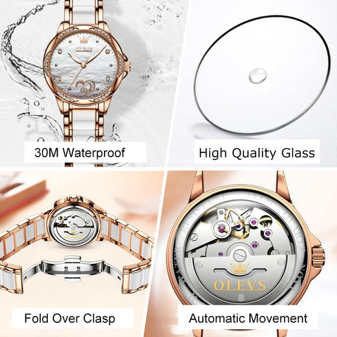 OLEVS Automatic Self Winding Watch for Women Rose Gold Stainless Steel Ceramic Women Wrist Watches Large Face White Heart Diamond Mother of Pearl Waterproof Date Ladies Watch for Women Two Tone OLEVS