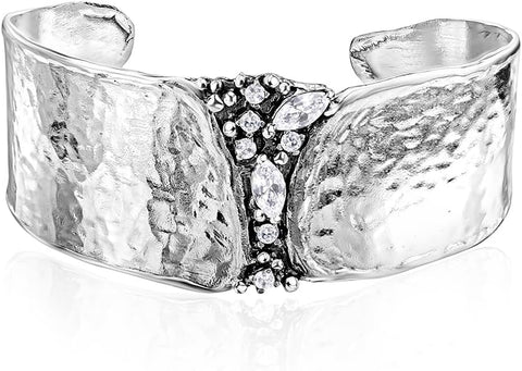 925 Sterling Silver Cuff Bracelet With 2.60 TCW White Facet Cubic Zirconia, Statement Jewelry, Hypoallergenic, Nickel and Lead-free, Artisan Handcrafted Designer collection, Made In Israel JEAN RACHEL JEWELRY
