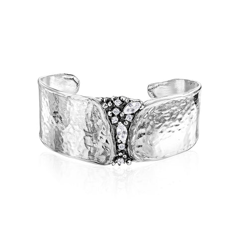 925 Sterling Silver Cuff Bracelet With 2.60 TCW White Facet Cubic Zirconia, Statement Jewelry, Hypoallergenic, Nickel and Lead-free, Artisan Handcrafted Designer collection, Made In Israel JEAN RACHEL JEWELRY