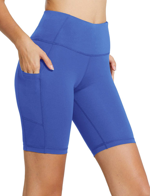 baleaf Biker Shorts Women Yoga Gym Workout Spandex Athletic Running Volleyball Tummy Control Compression with Pockets 8" Earth Blue L baleaf