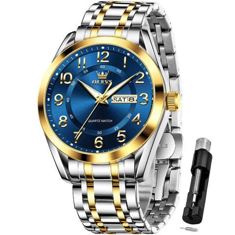 OLEVS Mens Watch Blue Classic Large Analog Male Watch Two Tone Stainless Steel Calendar Waterproof Luminous Gift Watch for Father