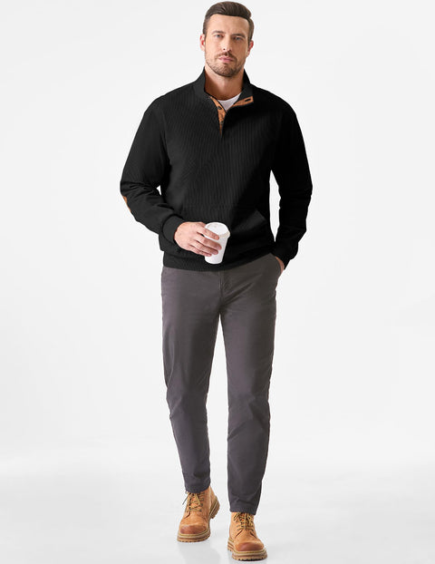 JMIERR Mens Sweatshirt Casual Long Sleeve Quarter Button Collared Pullover Shirts Fall Corduroy Sweaters with Pockets, L, Black