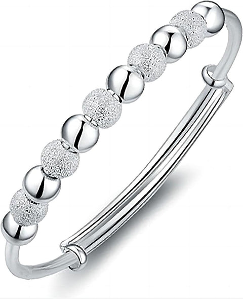 Kim Carrey S925 Silver Bangle Bracelet for Women, Elegant Women‘s Sterling Silver Bracelet Bangle Adjustable 6.4-7.8 inches Small Size (Frosted and Smooth Beads) Kim Carrey