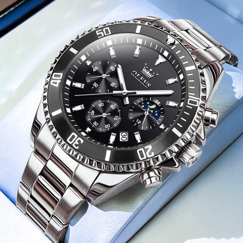 OLEVS Watch for Mens Black Face Stainless Steel Chronograph Watches Men Big Dial Classic Rotatable Bezel Silver with Day-Date Luxury Watches for Mens Dress Father Gift Watch Reloj De Hombre