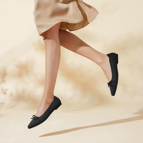 TINGRISE Women's Flats Pointed Toe Bow Knit Ballet Shoes Comfortable Dressy Mesh Slip On Flat Black US8