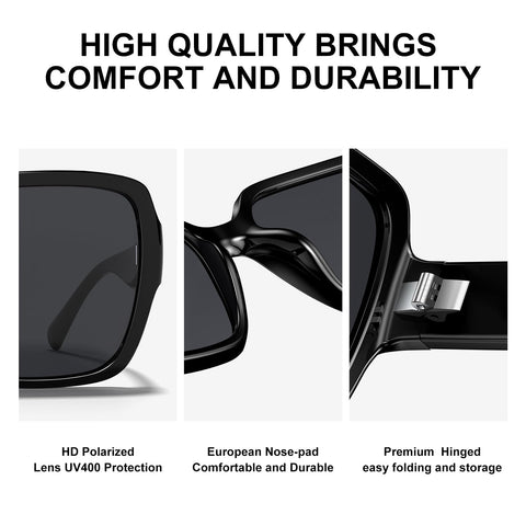 ViewJoy Oversized Sunglasses for Womens Polarized Square Fashion Designer Classic Trendy Black Frame