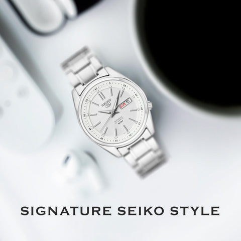 SEIKO SNKM83 Automatic Watch for Men 5-7S Collection - Silver-on-White Dial with Luminous Hands, Day/Date Calendar, Stainless Steel Case & Bracelet SEIKO