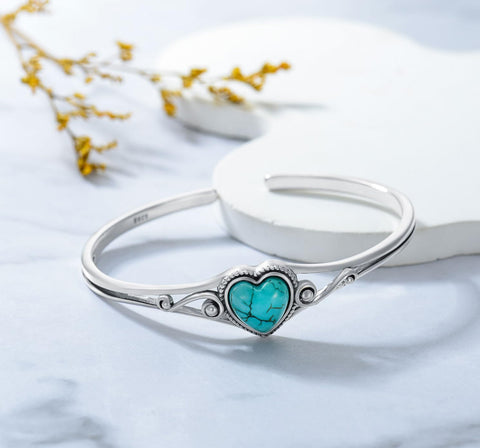 DOLIOX Genuine Turquoise Bracelet, Sterling Silver Native American Boho Adjustable Heart Bangle Cuff Jewelry for Women, Fit for 6.5 7 7.5 Inches DOLIOX
